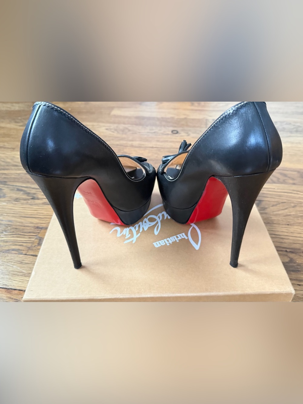 Christian Louboutin Black Leather Peep-Toe Platform Pumps with Red Sole New!!!